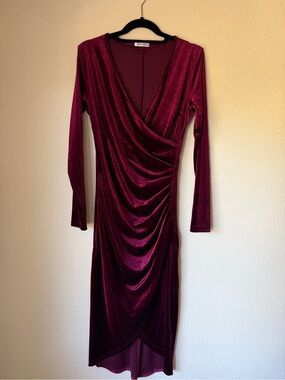 Deep Burgundy Velvet Wrap Midi Dress - size Medium
